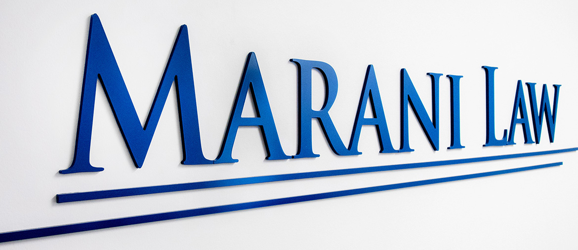 Closeup shot of Marani Law Logo in Reception