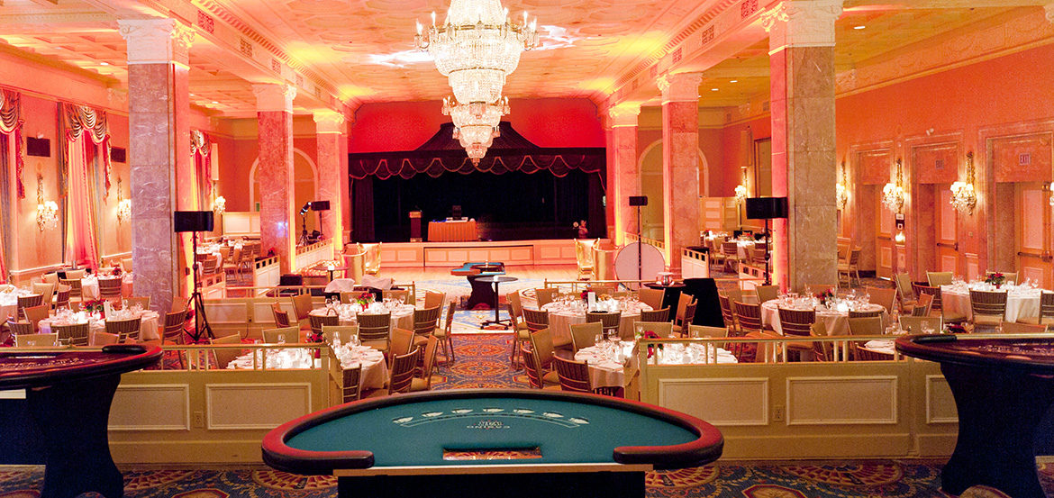 Interior of the ballroom showing dancefloor, stage and blackjack table