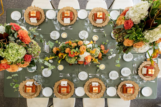 Green and Peach table setting from above