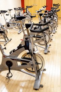 Spin bikes line the gym
